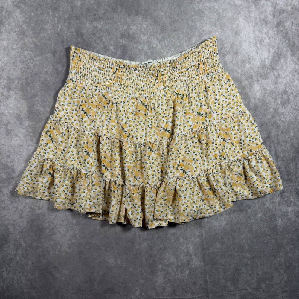 American Eagle Yellow Floral Smocked Tiered Mini Skirt Womens Large Boho Cottage